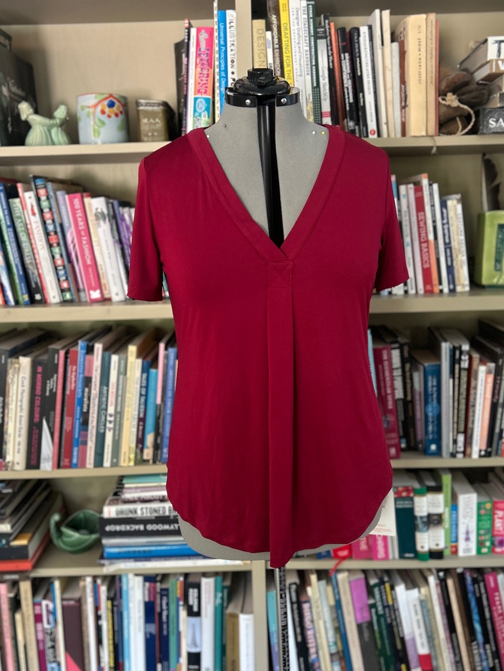 Red Pleat Front V-Neck with Satin Neckline